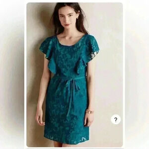 Anthropologie Moulinette Soeurs Flutter Sleeve Dress | Teal Green Blue |‎ SZ 4